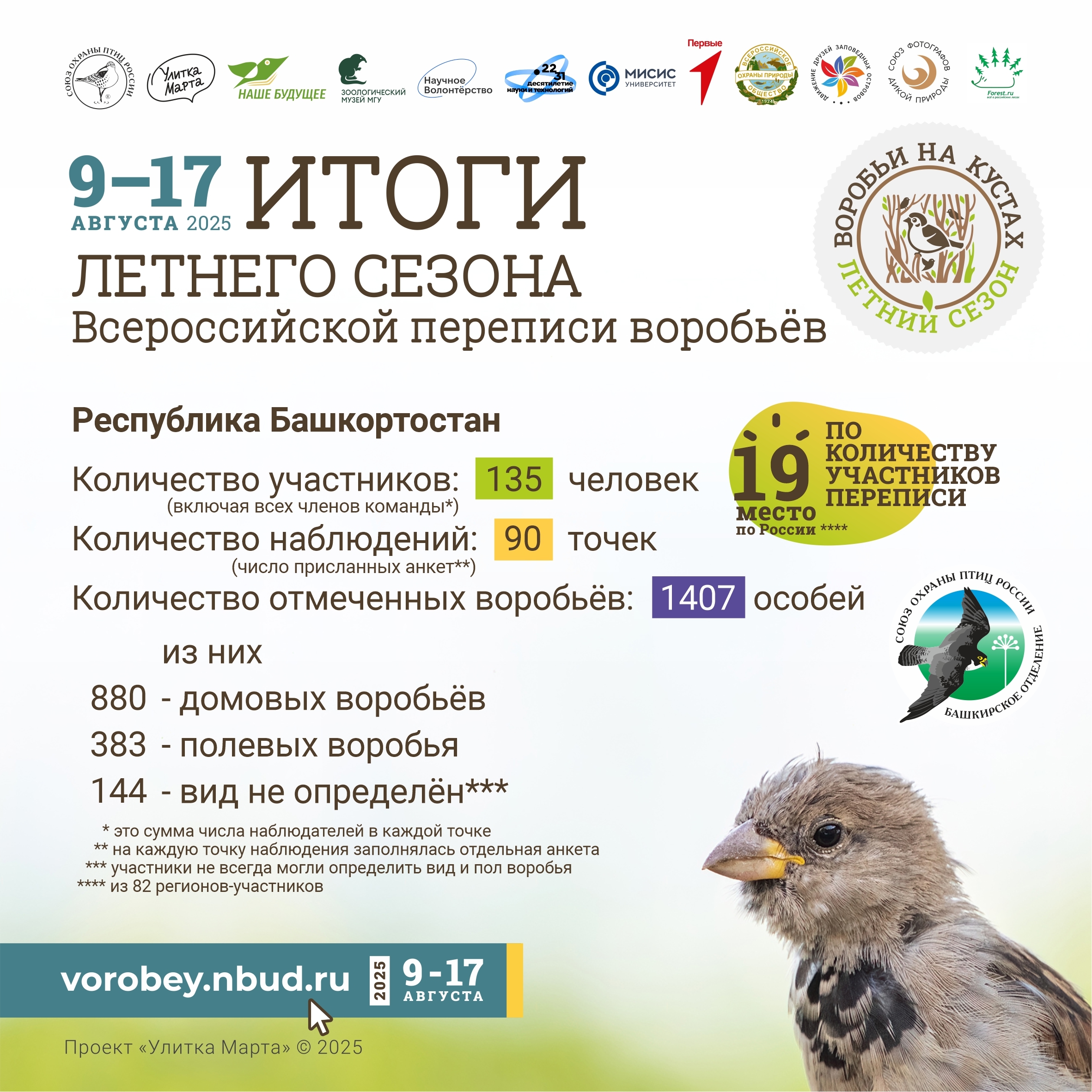 Итоги летней переписи воробьёв-2025 в Республике Башкортостан
